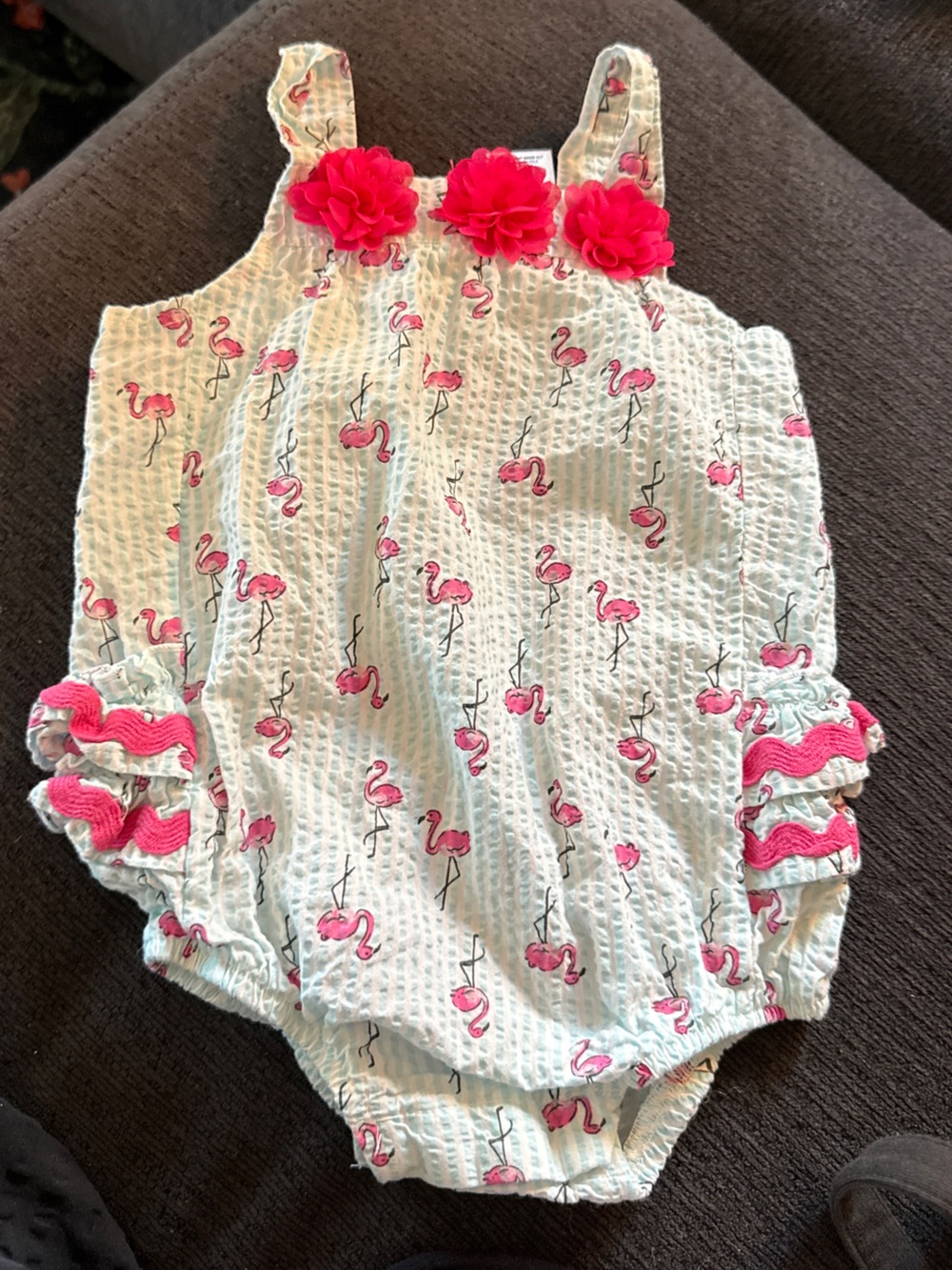 Little Lass Mint and Pink Flamingo Seersucker Romper